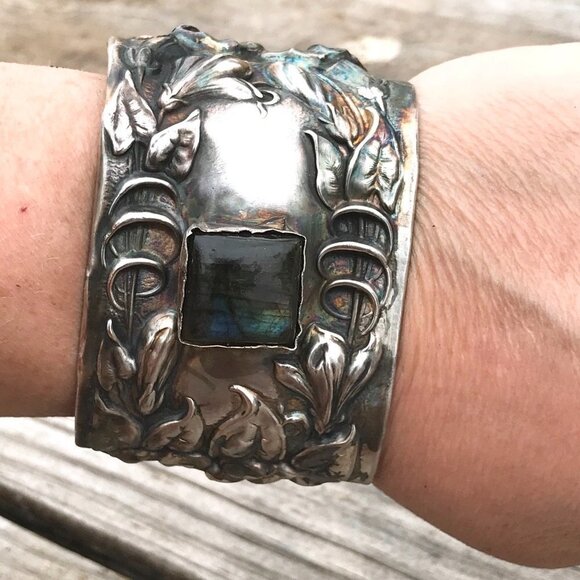 Labradorite Spectralite Sterling Silver 925 Cuff Bracelet Wide Floral  Antique - Picture 11 of 13